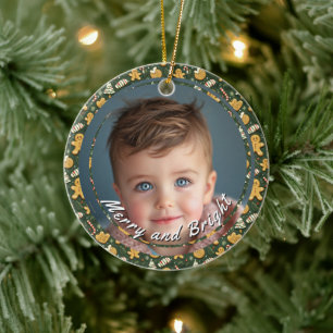 Merry and Bright Cookies Custom Child Photo Ceramic Ornament