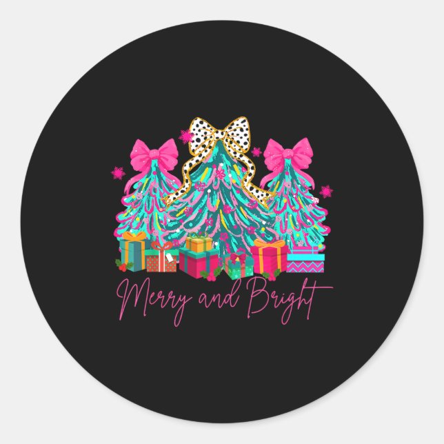 Merry And Bright Coquette Bow Christmas Tree Women Classic Round Sticker (Front)