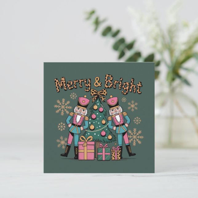 Merry and Bright Coquette Nutcracker Leopard Xmas Holiday Card (Standing Front)
