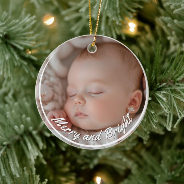 Merry and Bright Custom Baby Photo Ceramic Ornament (Tree)