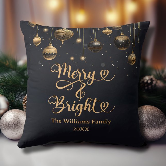 Merry and Bright Custom Gold Black Christmas Throw Pillow (Merry and Bright Custom Christmas Throw Pillow in Black with Gold Ornaments, Family Name, Year.)