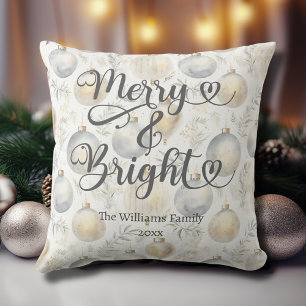 Merry and Bright Custom Gold Silver Christmas Throw Pillow