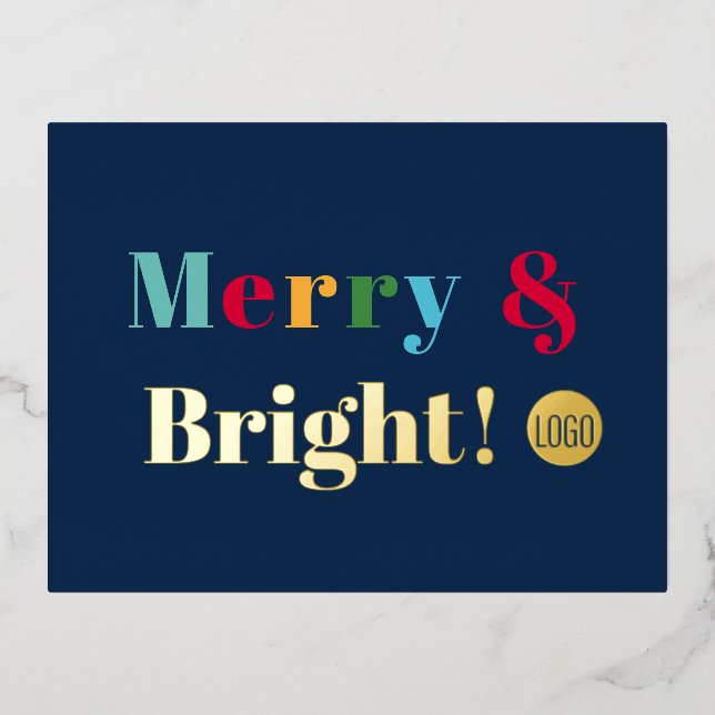 Merry and bright Custom Logo Blue Creative Design Foil Holiday Postcard (Front)