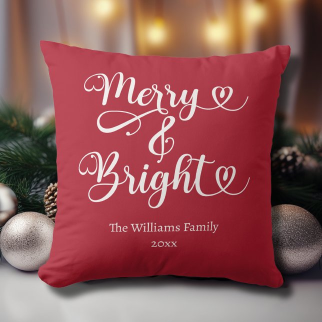 Merry and Bright Custom Red Christmas Throw Pillow (Custom Merry and Bright Christmas Pillow with Family Name and Year in Christmas Red.)