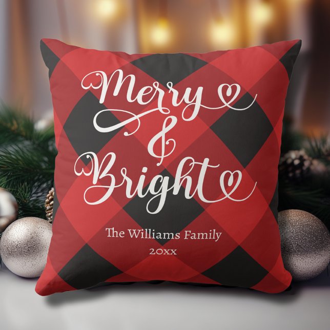 Merry and Bright Custom Red Plaid Christmas Throw Pillow (Merry and Bright Custom Red and Black Plaid Christmas Pillow with Family Name, Year.)