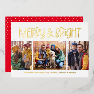 Merry and bright cute fun gold Christmas 3 photo Foil Holiday Card
