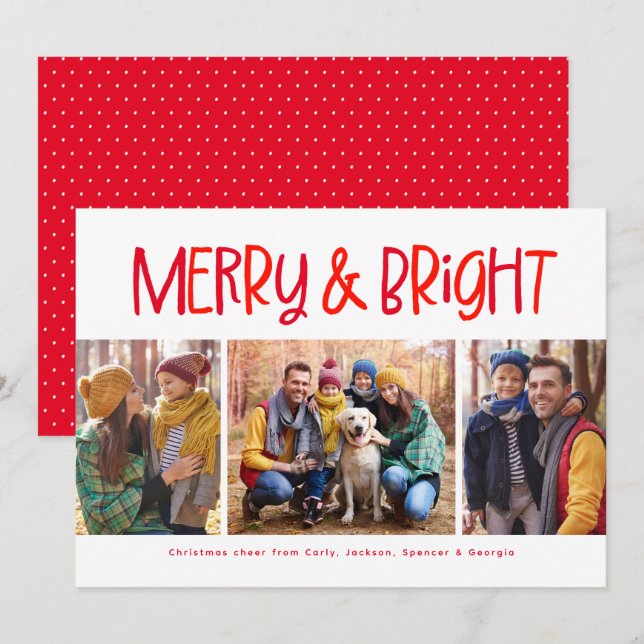 Merry and bright cute fun red Christmas 3 photo Holiday Card (Front/Back)