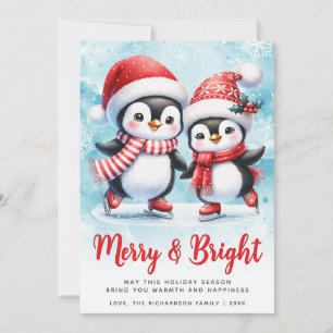Merry and Bright Cute Penguin Blue Red Christmas Holiday Card