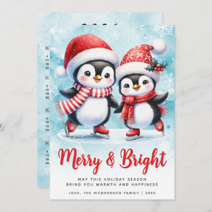 Merry and Bright Cute Penguin Blue Red Christmas Holiday Card