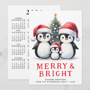 Merry and Bright Cute Penguins White Red Christmas Holiday Card