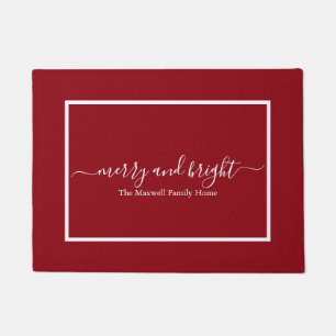merry and bright dark red white family name doormat