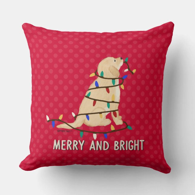 Merry and Bright Dog Christmas Lights Pillow (Front)