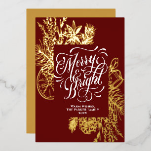 Merry and Bright Elegant Citrus Pine Bough Gold Foil Holiday Card