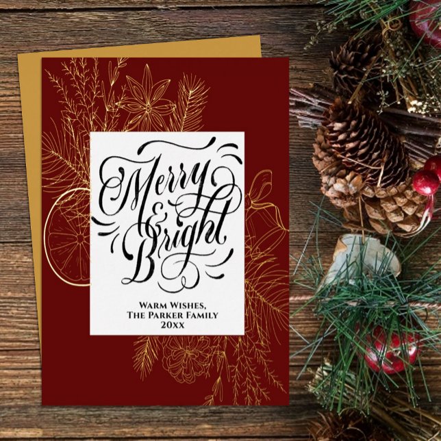 Merry and Bright Elegant Citrus Pine Bough Gold Foil Holiday Card (Creator Uploaded)