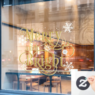 Merry and Bright, Elegant gold Christmas Cafe Window Cling