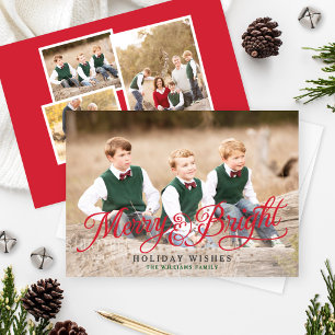Merry and Bright Elegant Red Script Photo Collage Holiday Card