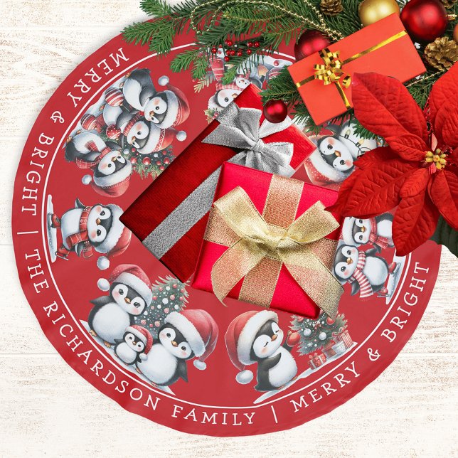 Merry and Bright Family Christmas Penguins in Red Brushed Polyester Tree Skirt (Creator Uploaded)