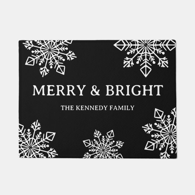 Merry And Bright Family Name Black White Snowflake Doormat (Front)