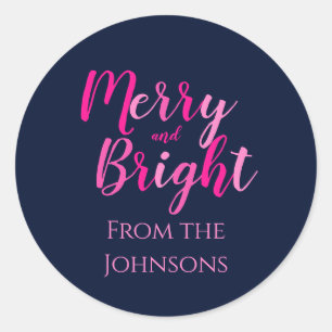 Merry and Bright Family Name Pink Blue Classic Round Sticker