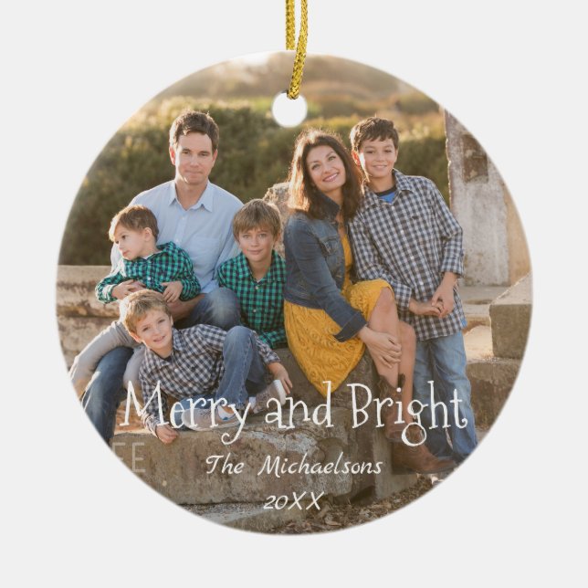 Merry and Bright Family Photo Ceramic Ornament (Front)