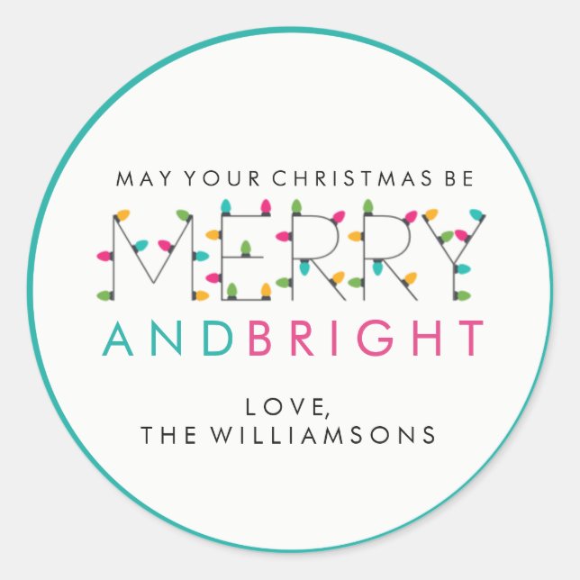 Merry and Bright Festive Christmas Tree Lights Classic Round Sticker (Front)