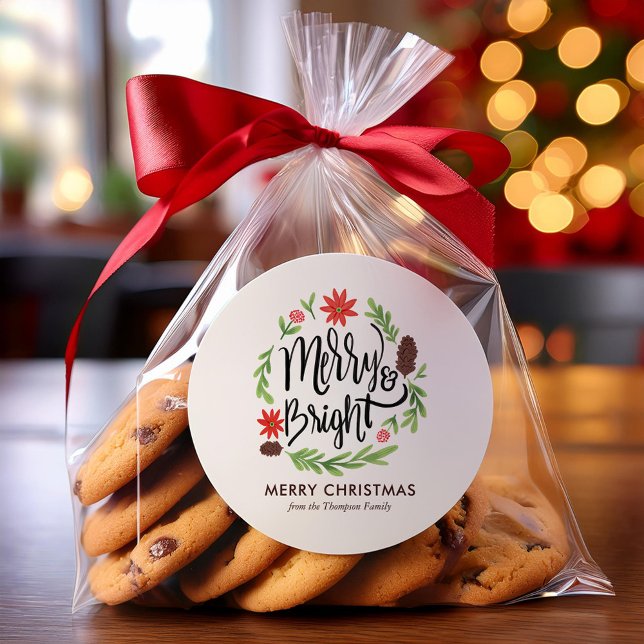 "Merry and Bright" Festive Hand Painted Wreath Classic Round Sticker (Creator Uploaded)