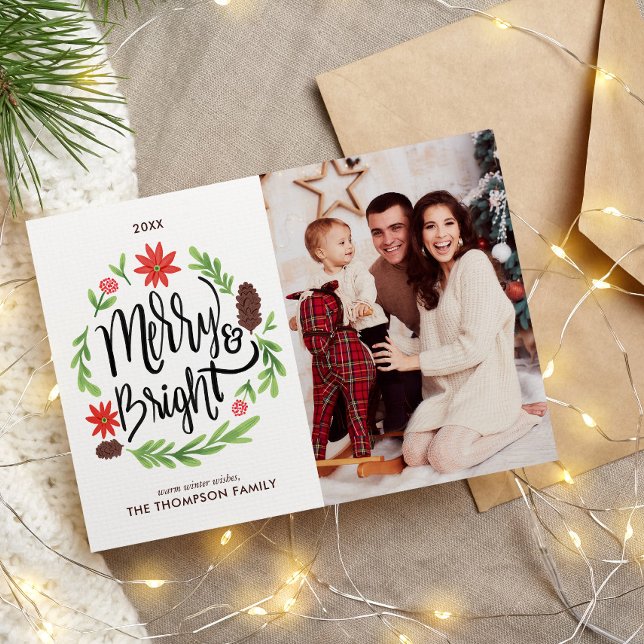 "Merry and Bright" Festive Hand Painted Wreath Holiday Card (Creator Uploaded)