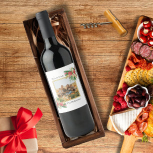 Merry and Bright Floral Family Photo Personalized Wine Label