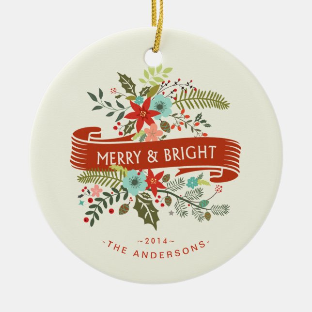Merry and Bright Floral Holiday Family Photo Ceramic Ornament (Front)