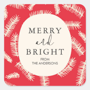 Merry and Bright Foliage Red Christmas Gift Square Sticker