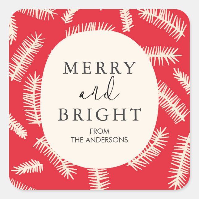 Merry and Bright Foliage Red Christmas Gift Square Sticker (Front)