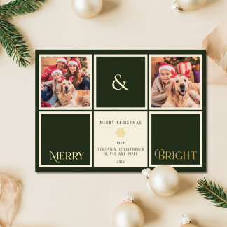 Merry And Bright Forest Green Gold Foil 2 Photo  Foil Holiday Card