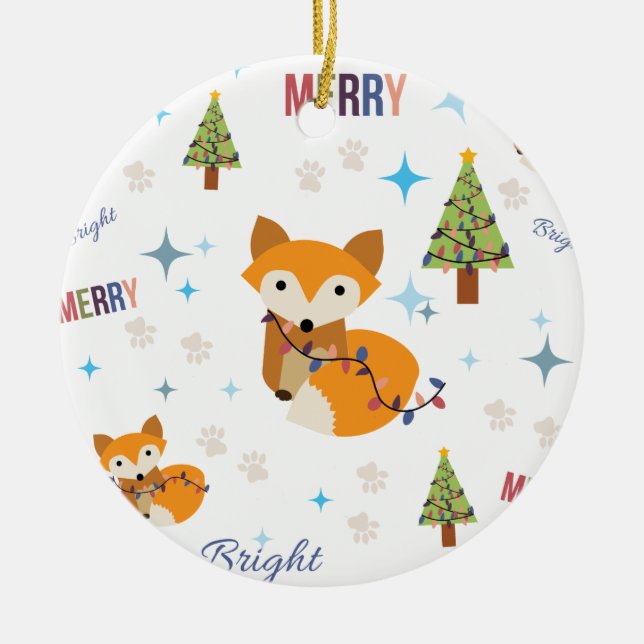 Merry and Bright Fox Ceramic Ornament (Front)
