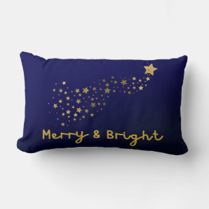 Merry And Bright Gold And Navy Blue Script Lumbar Pillow