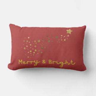 Merry And Bright Gold And Soft Red Script Lumbar Pillow