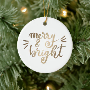 Merry and bright - gold ceramic ornament