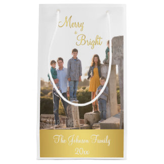 Merry And Bright Gold Christmas Photo Gift Bags