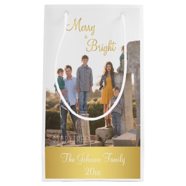Merry And Bright Gold Christmas Photo Gift Bags (Front)