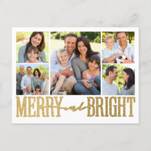 Merry and Bright Gold Foil Photo Collage Holiday Postcard
