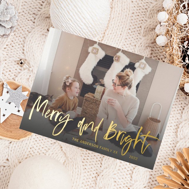 Merry and Bright Gold Foil Script Photo Christmas  Holiday Postcard (Creator Uploaded)