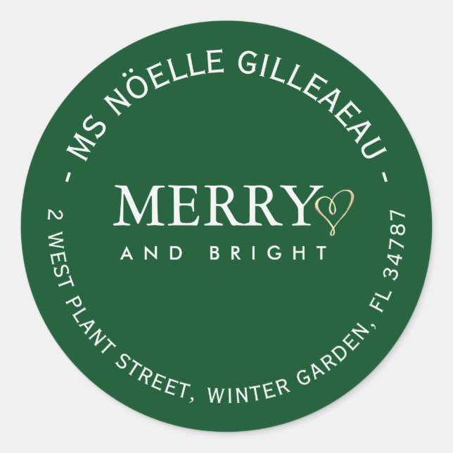 Merry and Bright Gold Heart Green Minimalist  Classic Round Sticker (Front)
