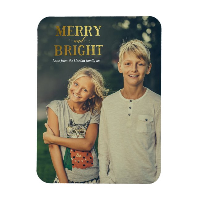 Merry and Bright Gold Magnetic Photo card Magnet (Vertical)