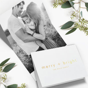 Merry and Bright Gold Minimal Christmas Photo Fo Foil Card