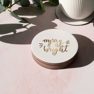 Merry and bright - gold round paper coaster