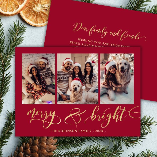 Merry and Bright Gold Script 3 Photo Red Christmas Holiday Card (Creator Uploaded)