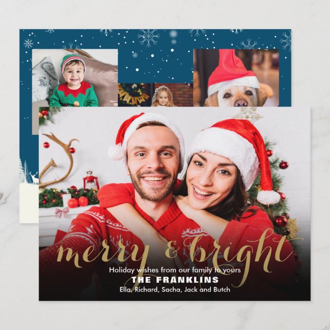 Merry and Bright Gold Script 4 Photo Christmas Holiday Card (Front/Back)