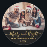 Merry and Bright Gold Script Black Photo Christmas Classic Round Sticker<br><div class="desc">Elegant Modern Script Black and Gold "Merry and Bright" Calligraphy Family Photo Holiday Large Round Sticker. Great for Mailing Accessories Envelope Seals and Gift Stickers.</div>