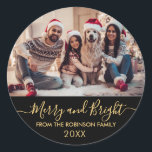 Merry and Bright Gold Script Black Photo Christmas Classic Round Sticker<br><div class="desc">Elegant Modern Script Black and Gold "Merry and Bright" Calligraphy Family Photo Holiday Large Round Sticker. Great for Mailing Accessories Envelope Seals and Gift Stickers.</div>