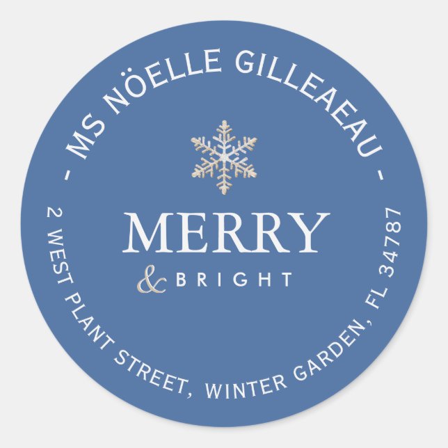 Merry and Bright Gold Snowflake Blue Minimalist  Classic Round Sticker (Front)