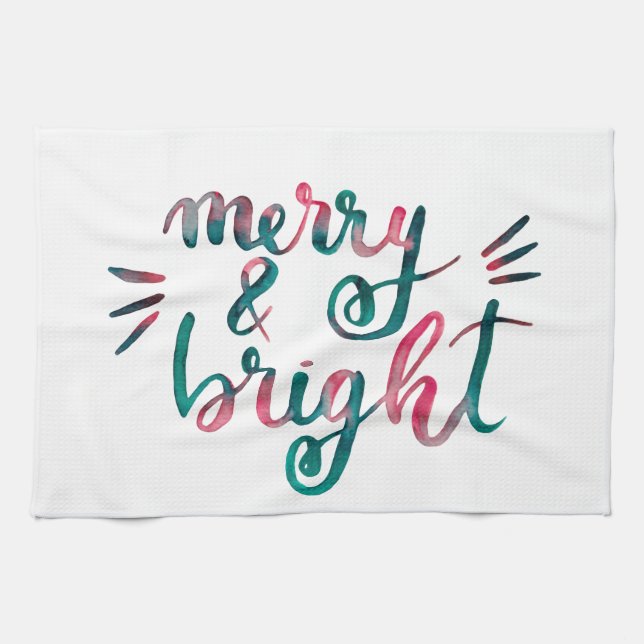 Merry and bright - green and pink kitchen towel (Horizontal)